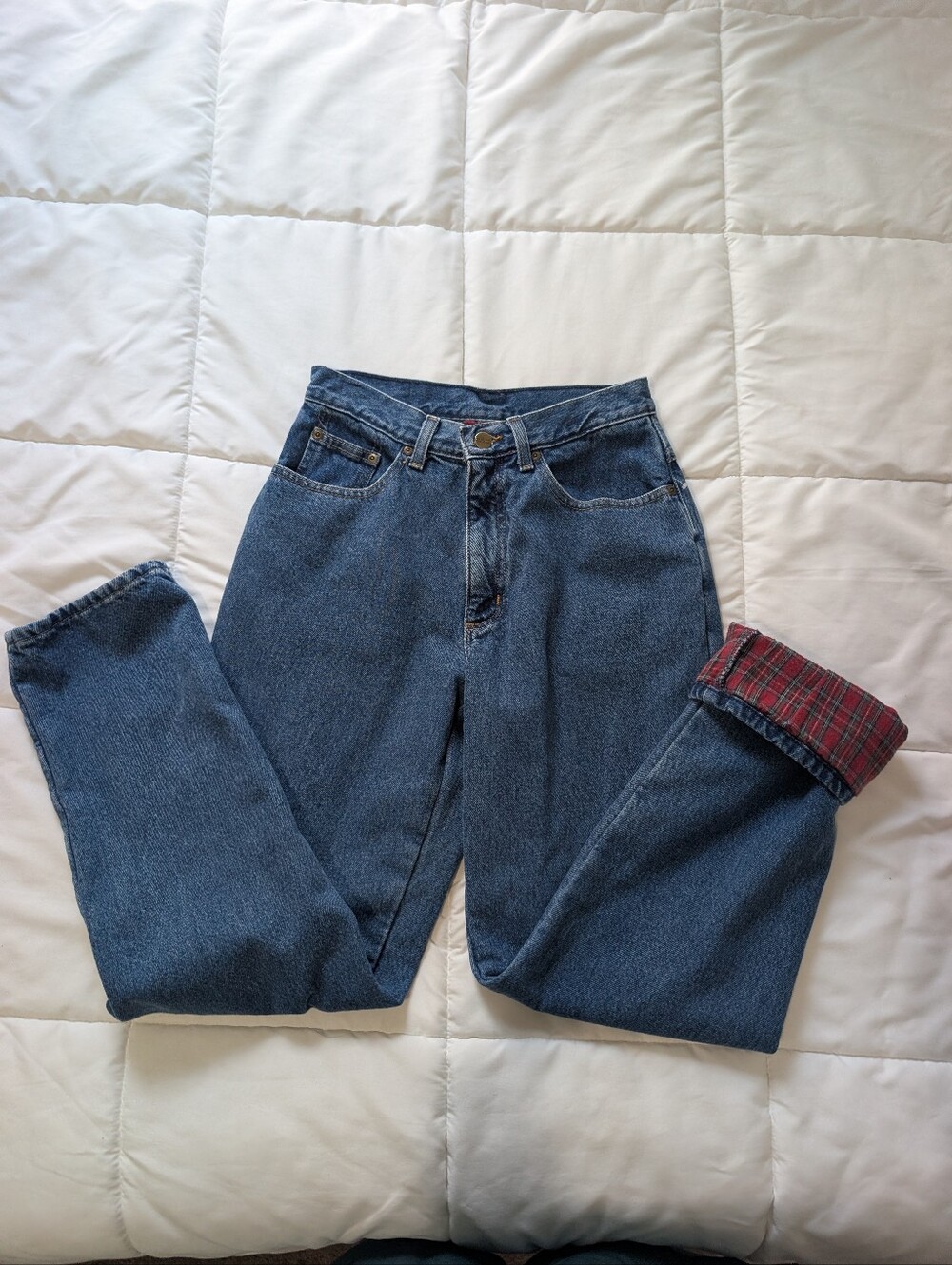Vtg L.L. Bean Double L Flannel Lined Jeans Relaxed Fit Red Plaid 2004 6R
